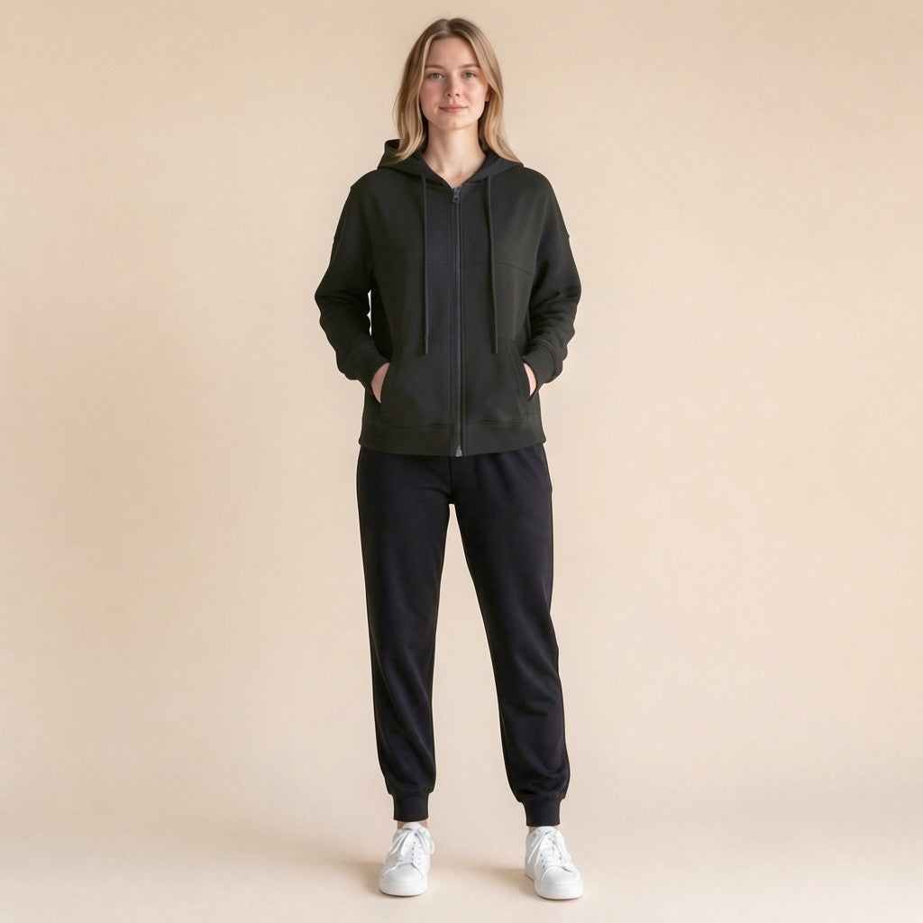Full-zip hoodie – drawstring hood and front zipper detail